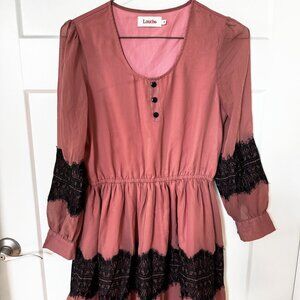 Louche Dress - Size Small - Pink & Black Lace Dress - Long Sleeve - Mini - S